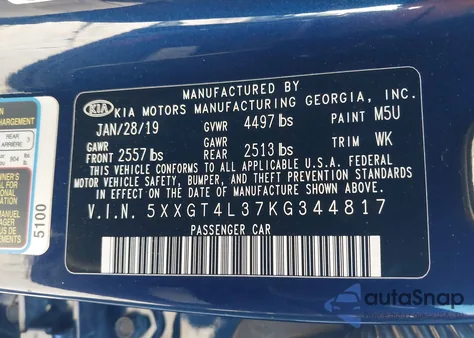 2019 Kia Optima Lx z USA, uszkodzony, nr VIN 5XXGT4L37KG344817